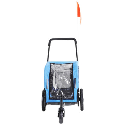 Blue and black stroller with a clear bag on a white background
