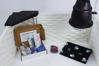Assorted items including a box, stationery, and a black bag with paw prints on a textured surface.