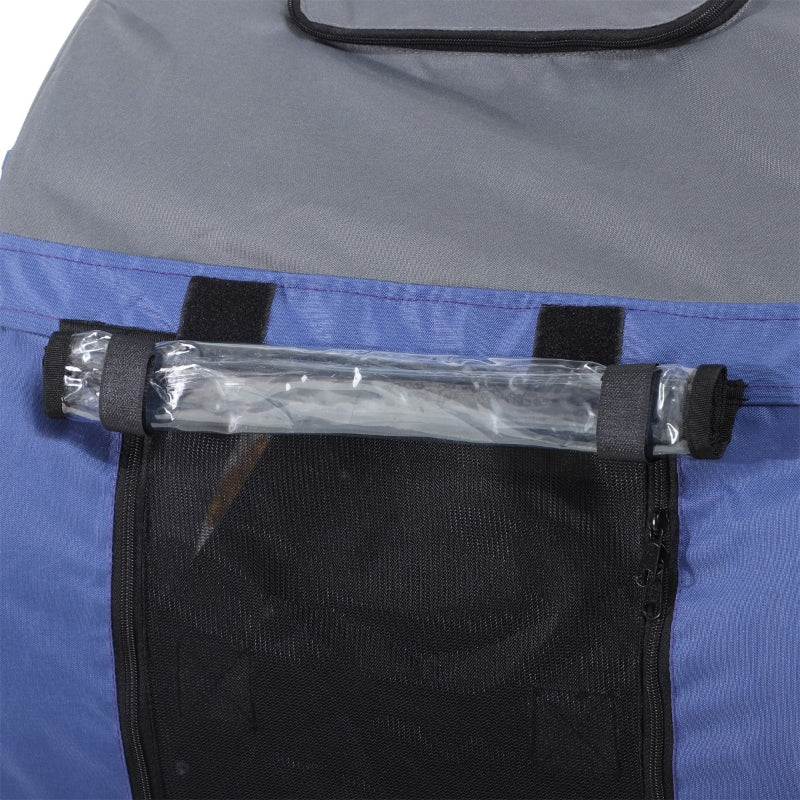 Close-up of a bag with a handle and clear plastic wrap on a blue and gray background