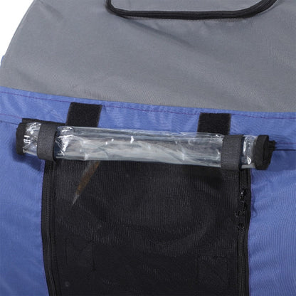 Close-up of a bag with a handle and clear plastic wrap on a blue and gray background