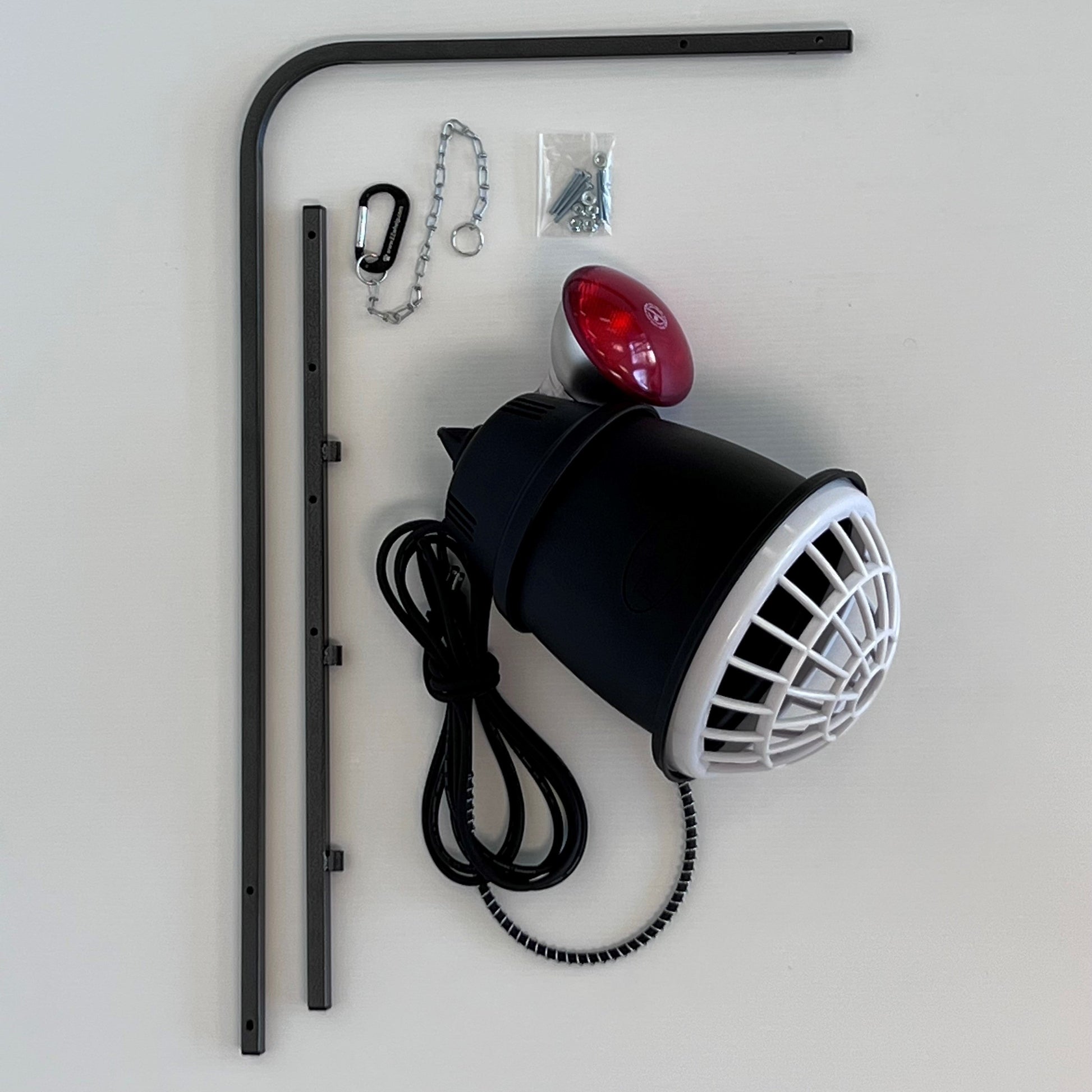 Motorcycle light assembly with bracket, cable, and additional parts on a white background