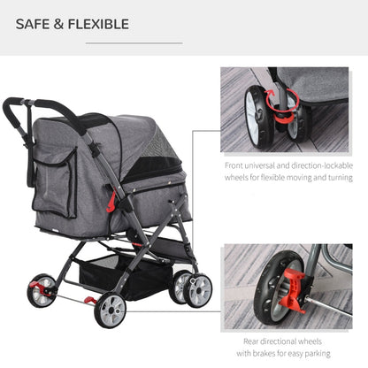 Gray pet stroller with wheels and braking system on a white background