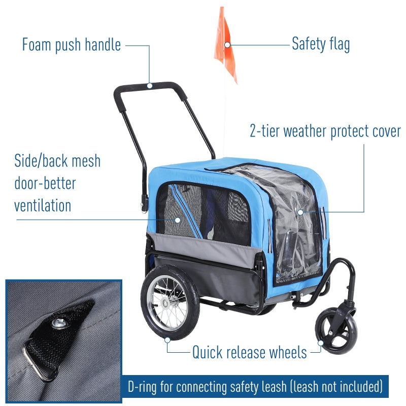Blue and gray pet stroller with features labeled on a white background