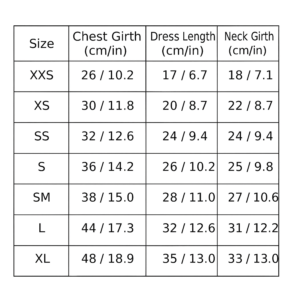 Table showing size chart for chest girth, dress length, and neck girth measurements.