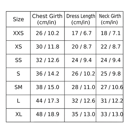 Table showing size chart for chest girth, dress length, and neck girth measurements.