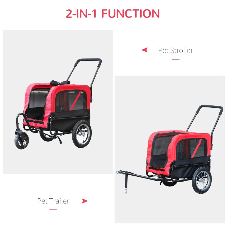 Red and black pet stroller and trailer with '2-in-1 Function' text on a white background.