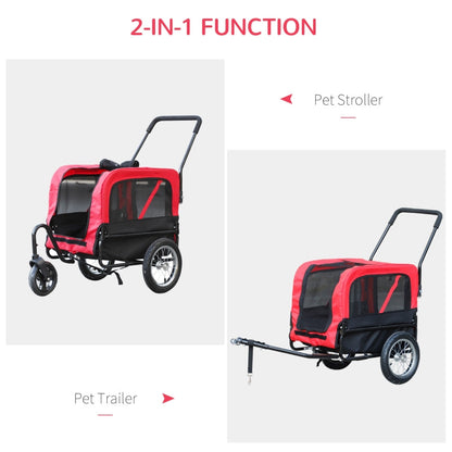Red and black pet stroller and trailer with '2-in-1 Function' text on a white background.