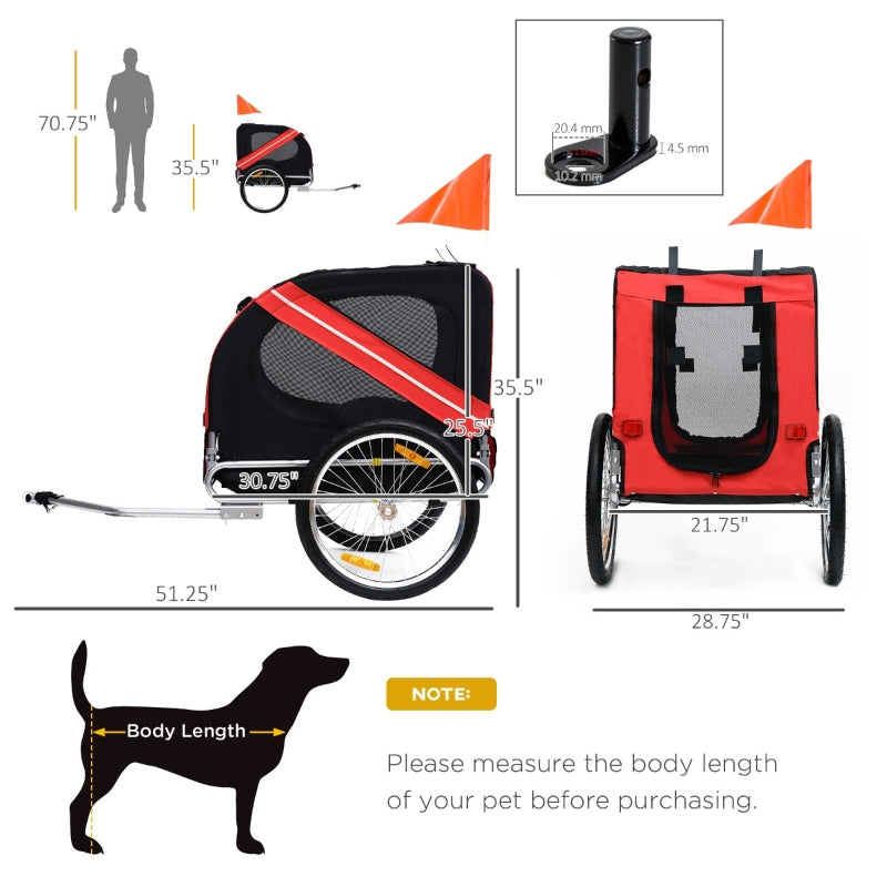 Measurement chart of a black and red pet bike trailer with dimensions and a dog silhouette for scale.