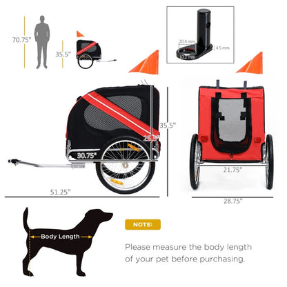 Measurement chart of a black and red pet bike trailer with dimensions and a dog silhouette for scale.