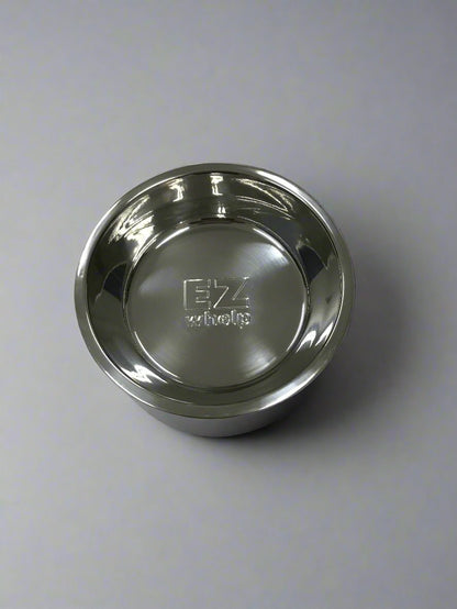 Stainless steel bowl with 'EZ' logo on a gray background