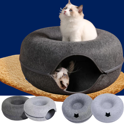 Felt Donut Cat Bed with Tunnel and Hideaway