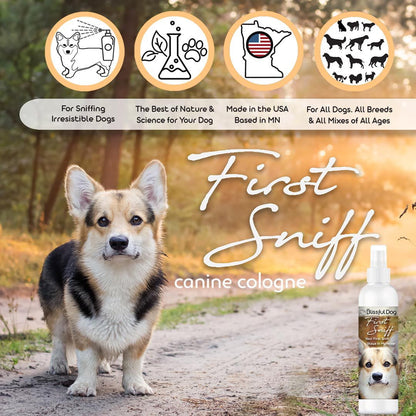 Dog standing on a path with 'First Sniff' canine cologne packaging and branding elements.