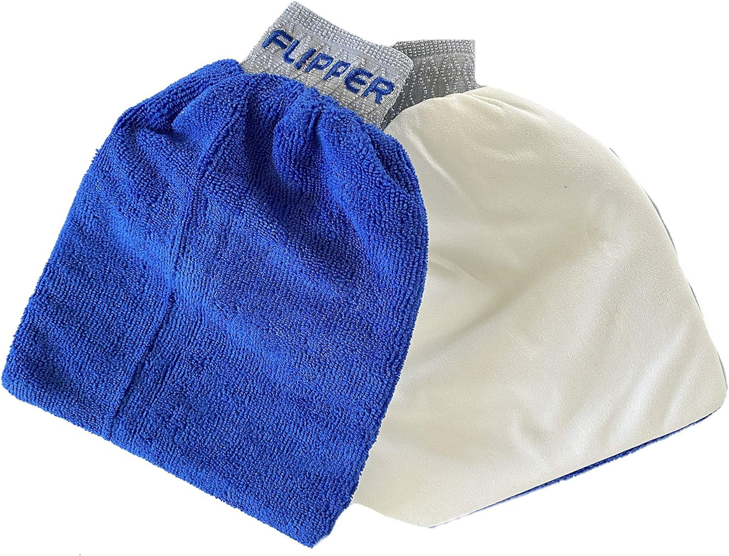 Two baby hats, one blue and one white, with a gray hat labeled 'Flipper' on a white background.