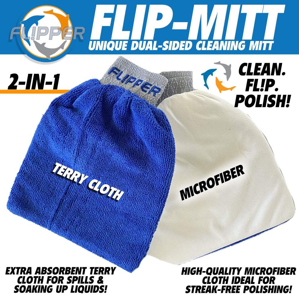 Flip-Mitt cleaning mitts with blue terry cloth and white microfiber sides, featuring Flipper brand logo.