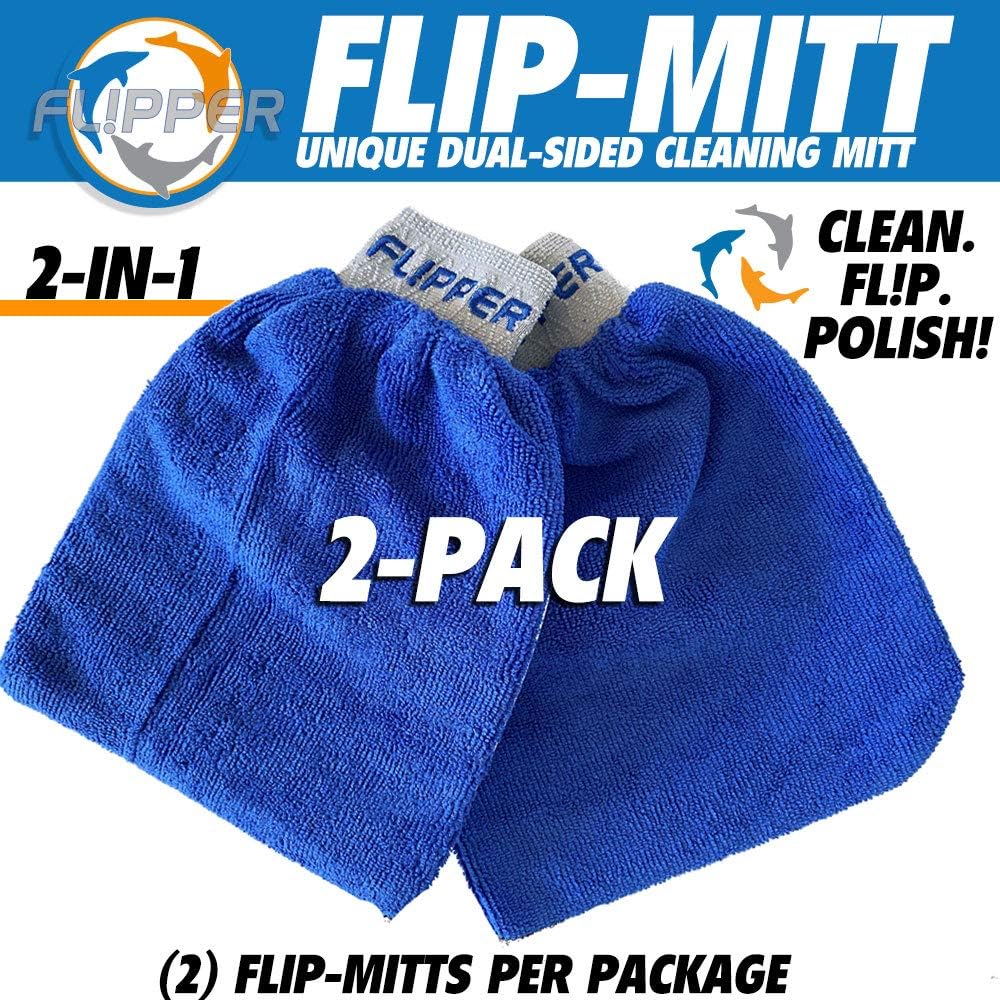 Flip-Mitt cleaning mitts with branding and product details on a blue background