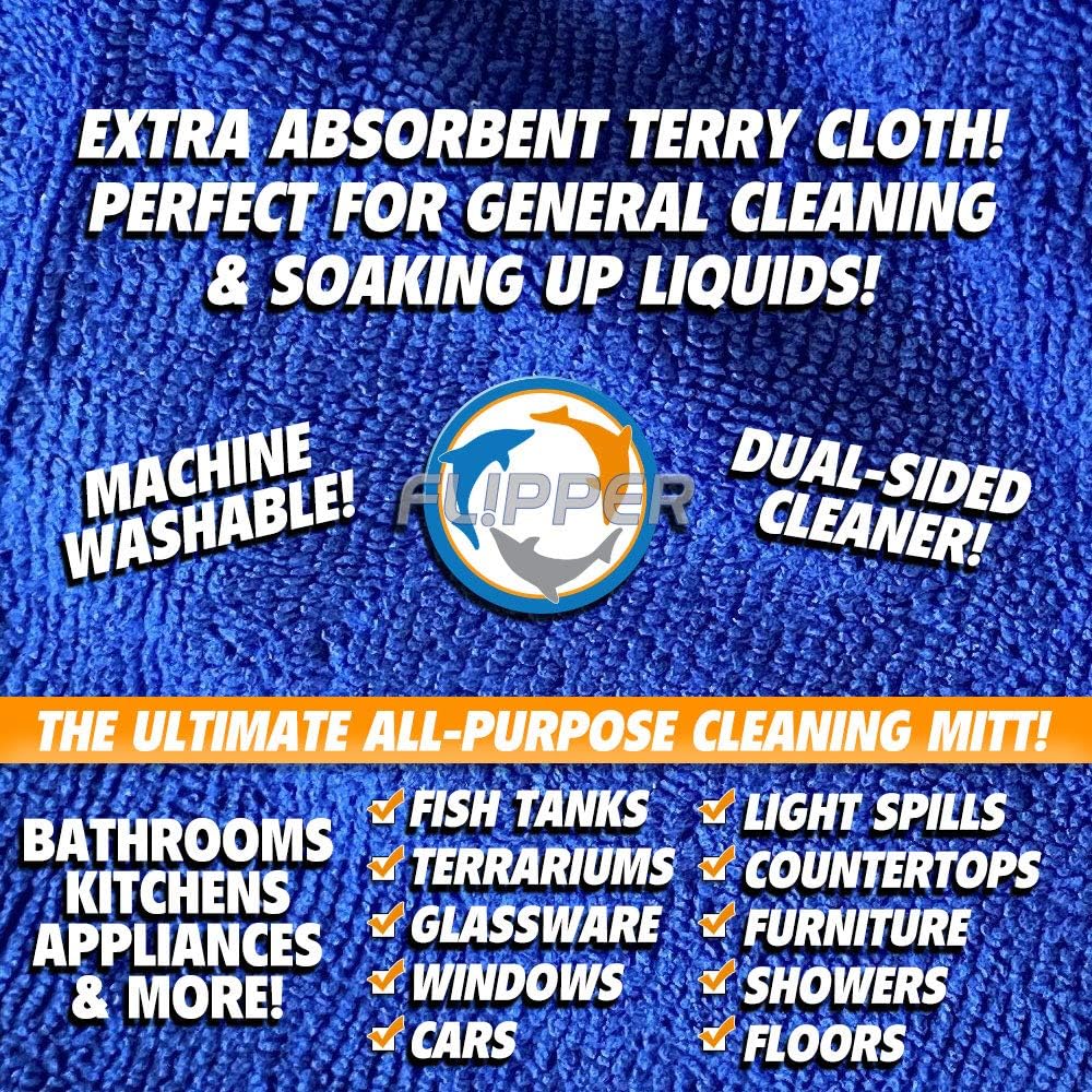Blue terry cloth with text highlighting its features and uses