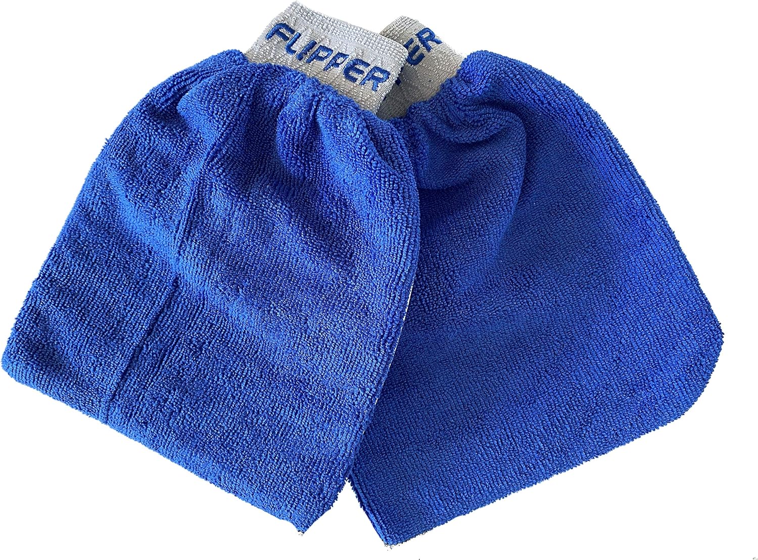 Blue baby booties with a gray tag labeled 'Flipper' on a white background