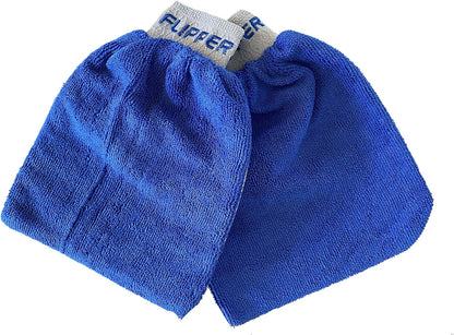 Blue baby booties with a gray tag labeled 'Flipper' on a white background