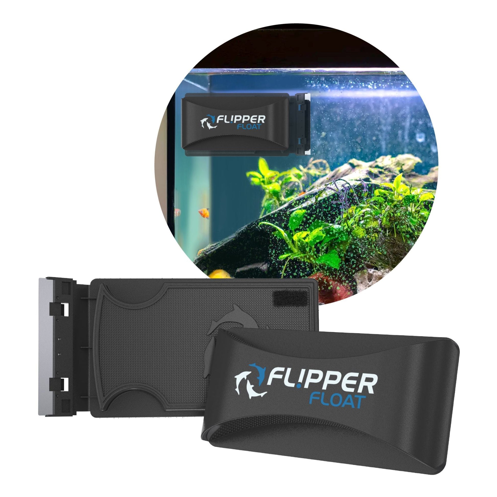 Flipper Float device with an inset showing its use in an aquarium.
