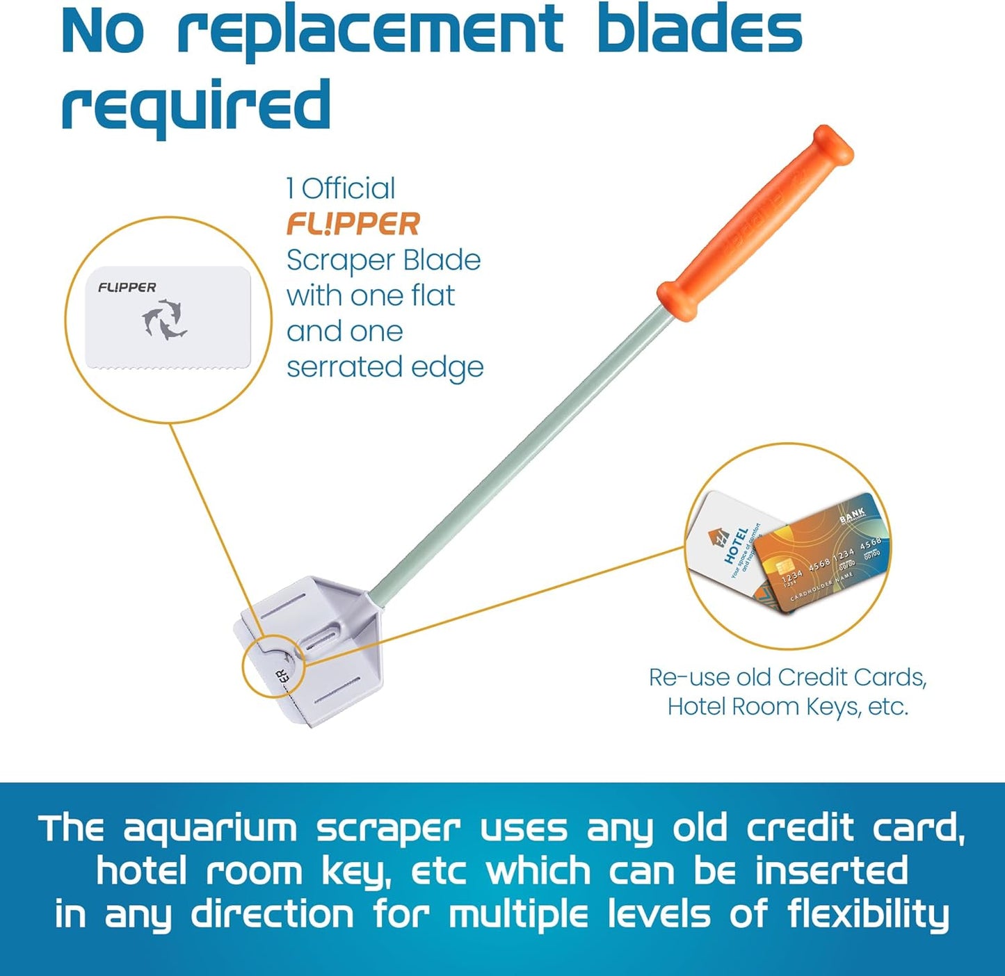 Aquarium scraper with official FLIPPER blade and text about its features.