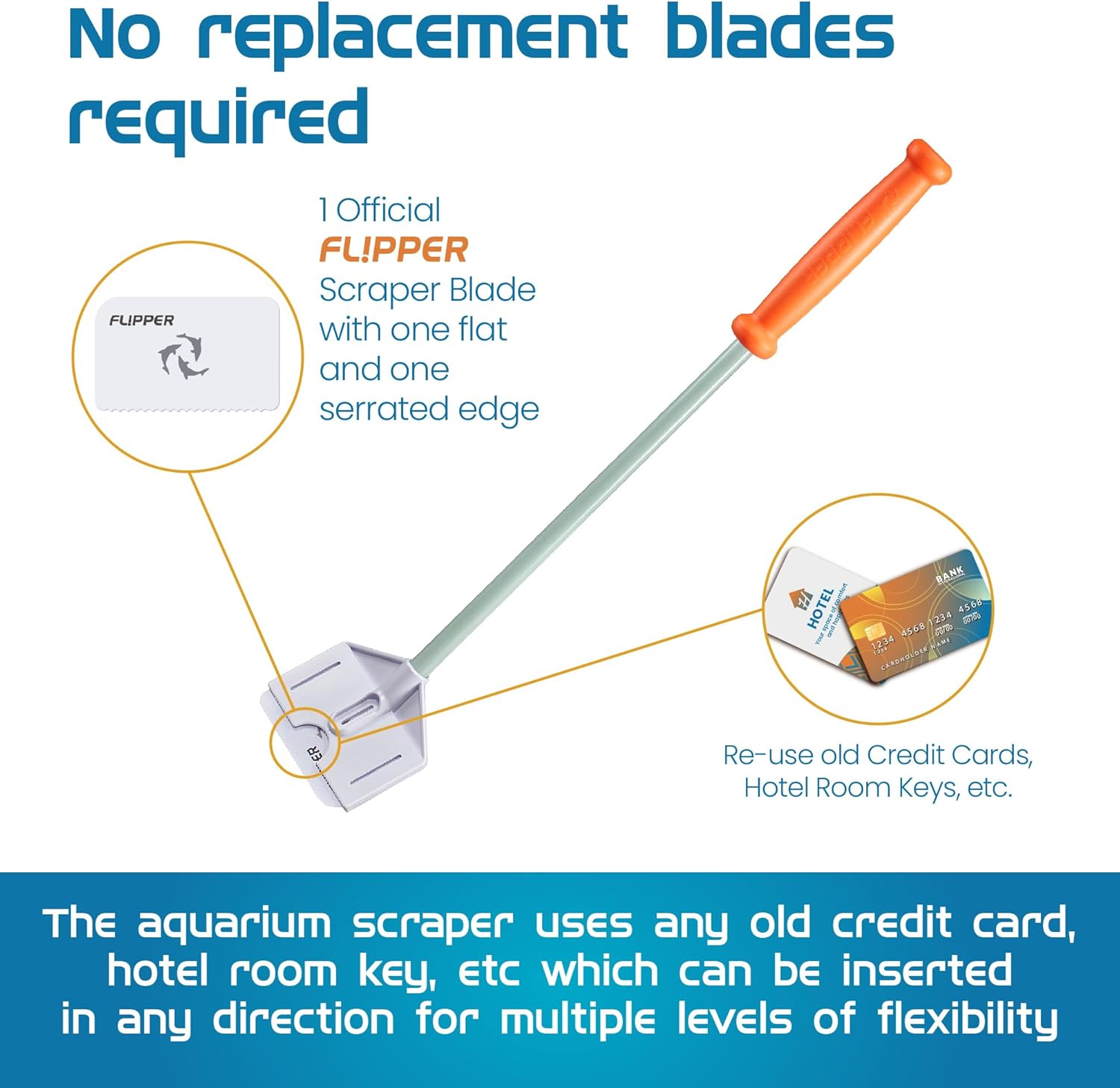 Aquarium scraper with official FLIPPER blade and text about its features.