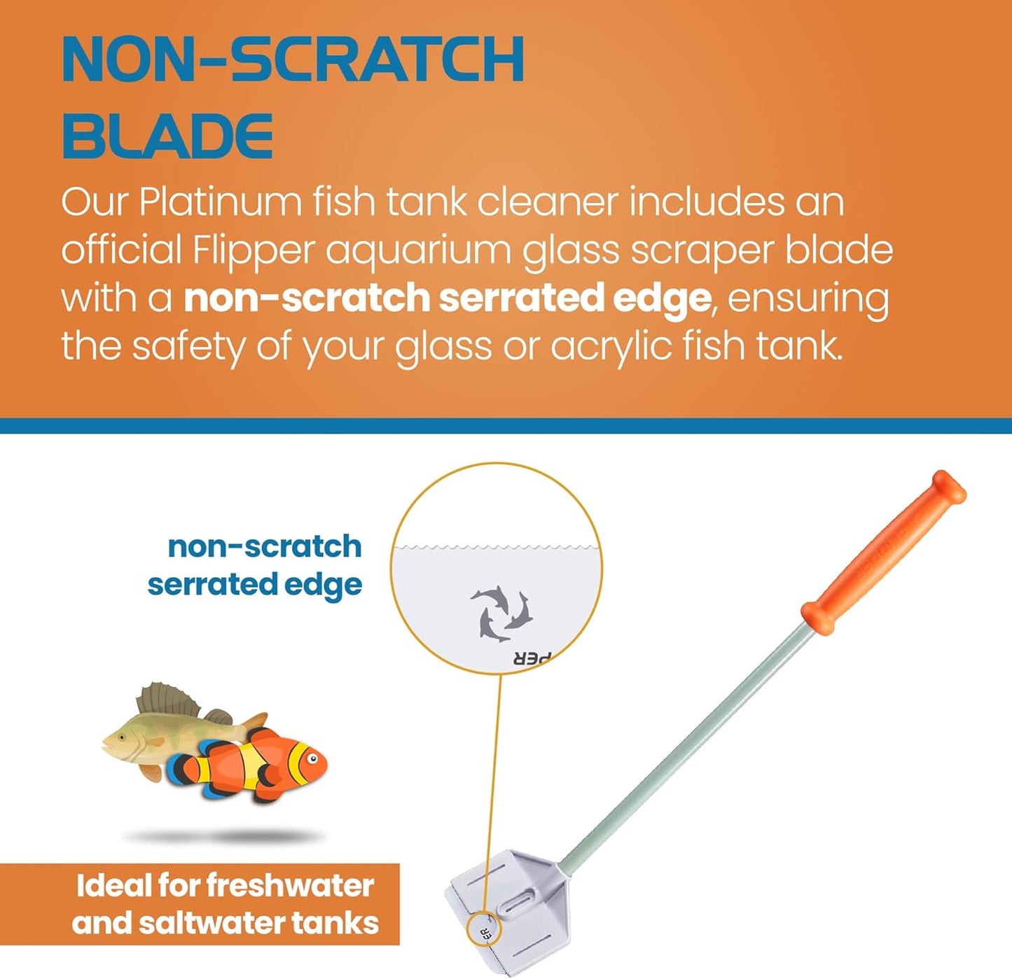 Fish tank cleaner with non-scratch blade for aquariums, featuring text about safety and use.