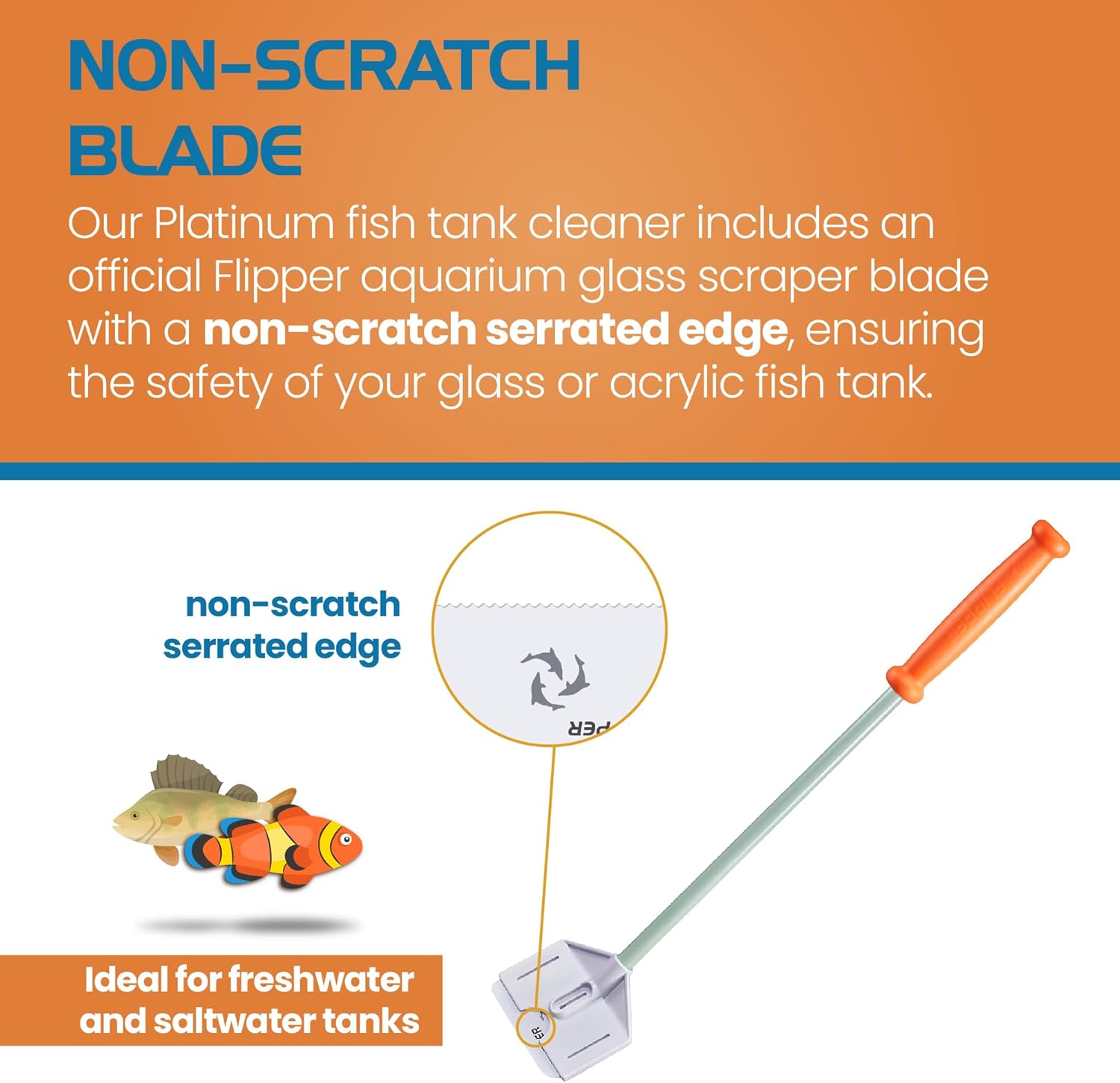 Fish tank cleaner with non-scratch blade for aquariums, featuring text about safety and use.