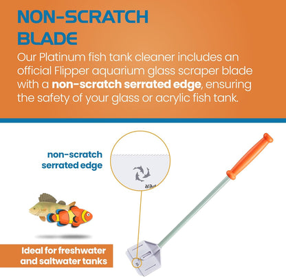 Fish tank cleaner with non-scratch blade for aquariums, featuring text about safety and use.