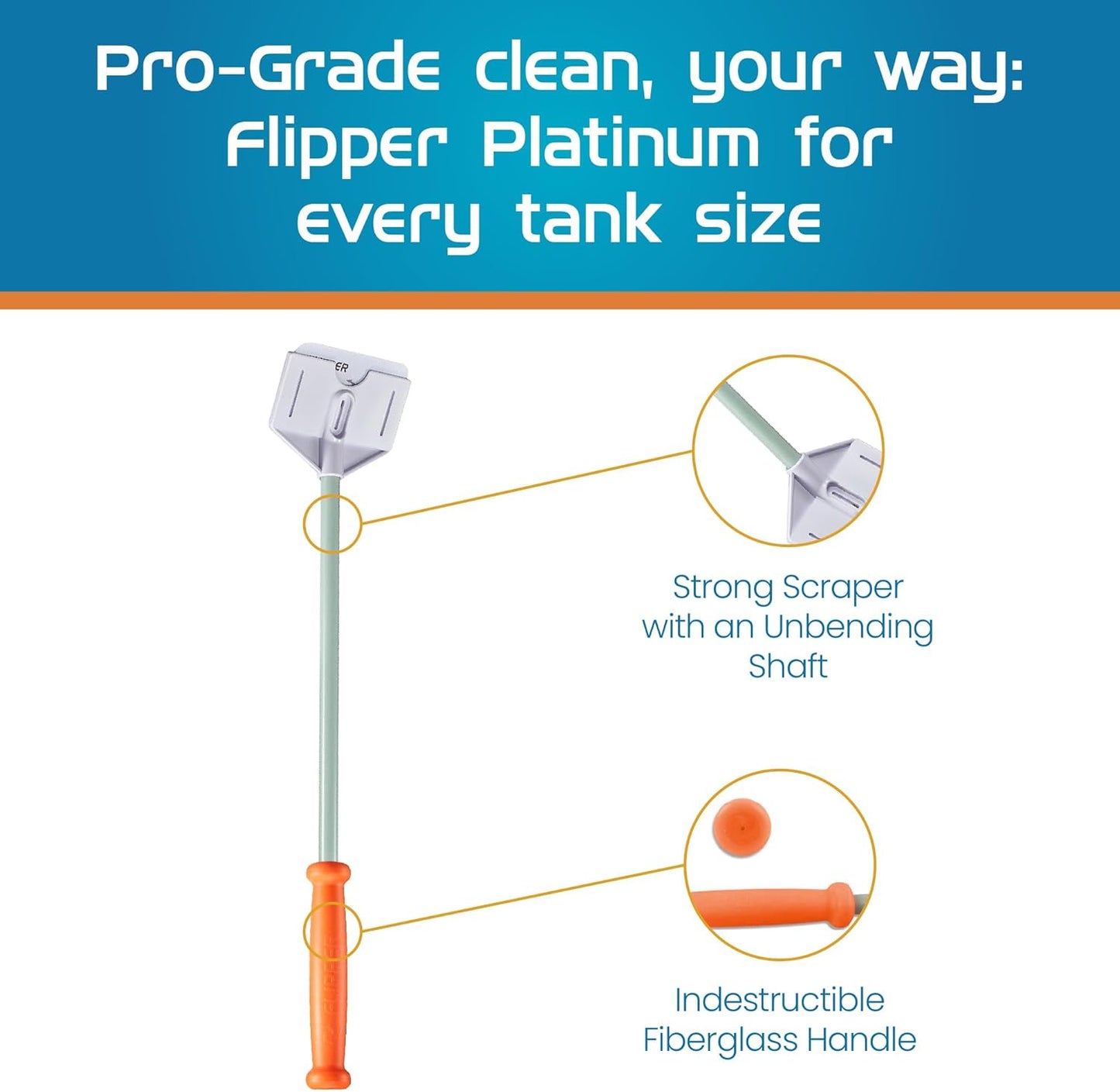 Flipper Platinum cleaning tool with features highlighted on a blue and white background