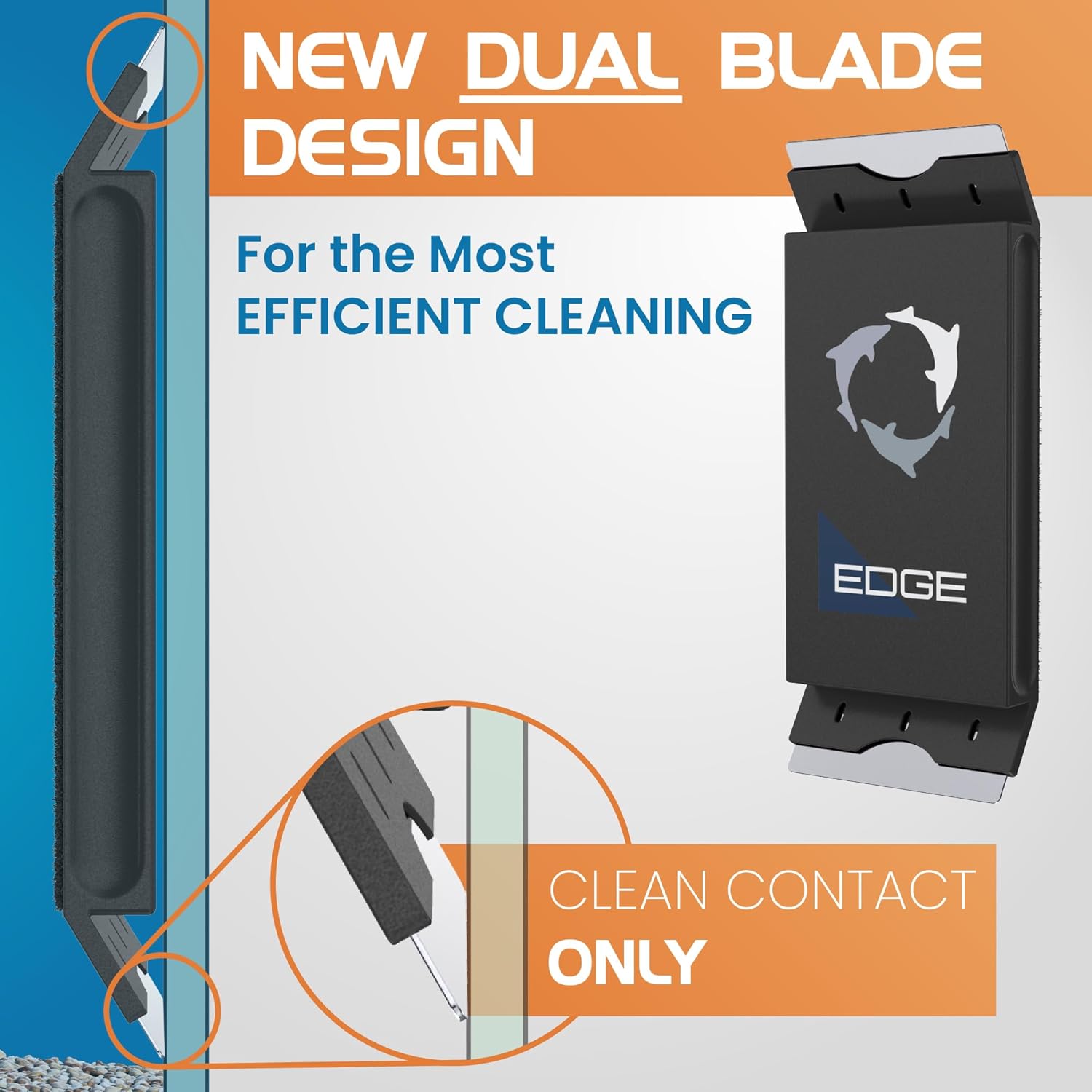 Cleaning tool with dual blade design and 'EDGE' branding on a blue and orange background.