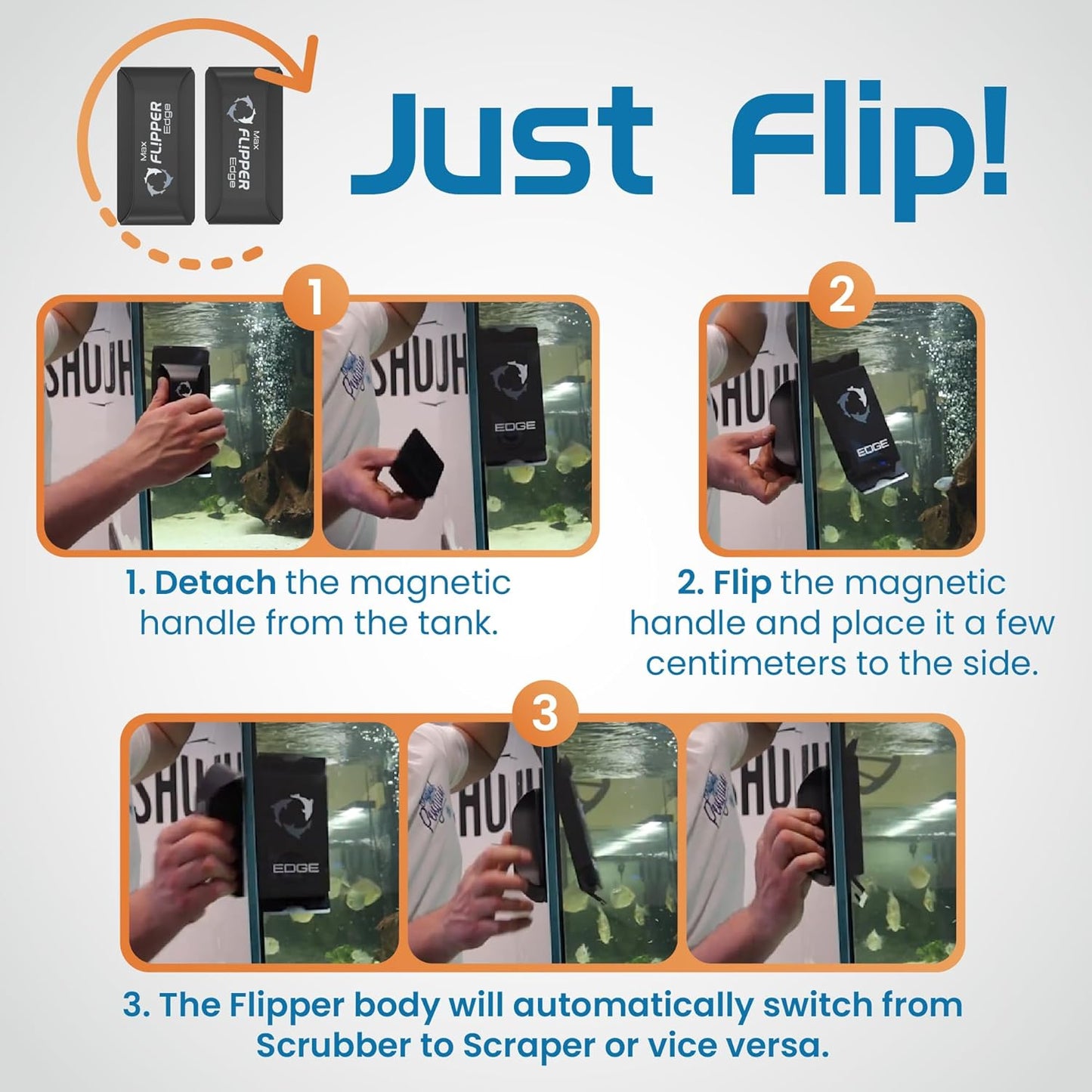 Instructions for using a magnetic handle system with 'Just Flip!' branding.