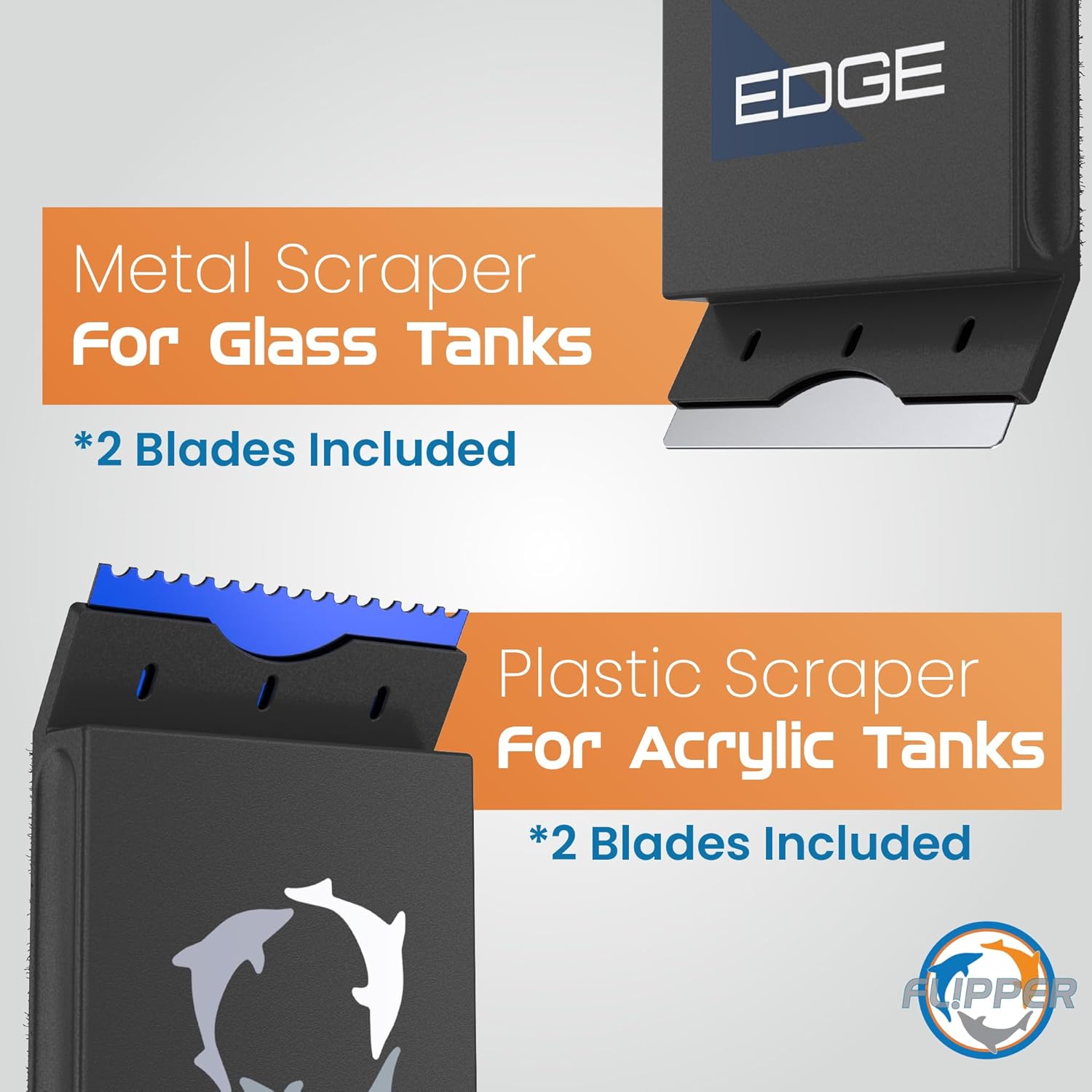 Metal and plastic scrapers for glass and acrylic tanks with included blades on a gray background.