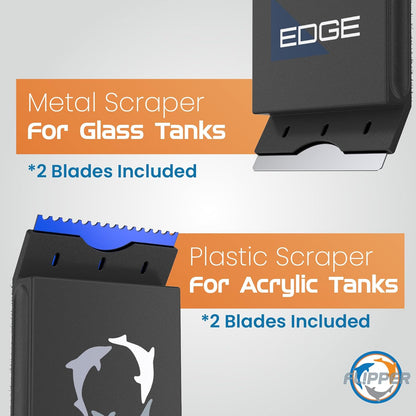 Metal and plastic scrapers for glass and acrylic tanks with included blades on a gray background.