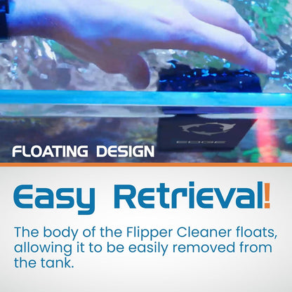 Hand using a flipper cleaner with text highlighting 'Floating Design' and 'Easy Retrieval'.