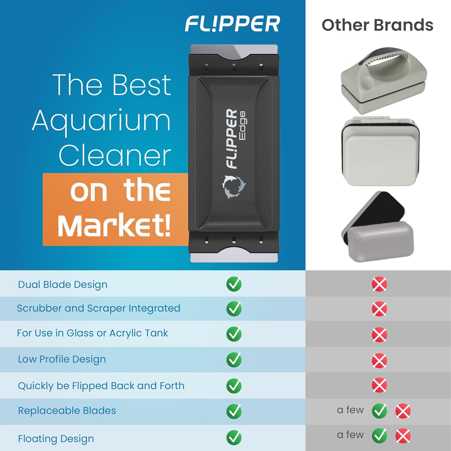 Advertisement for Flipper aquarium cleaner with features listed and comparison to other brands.