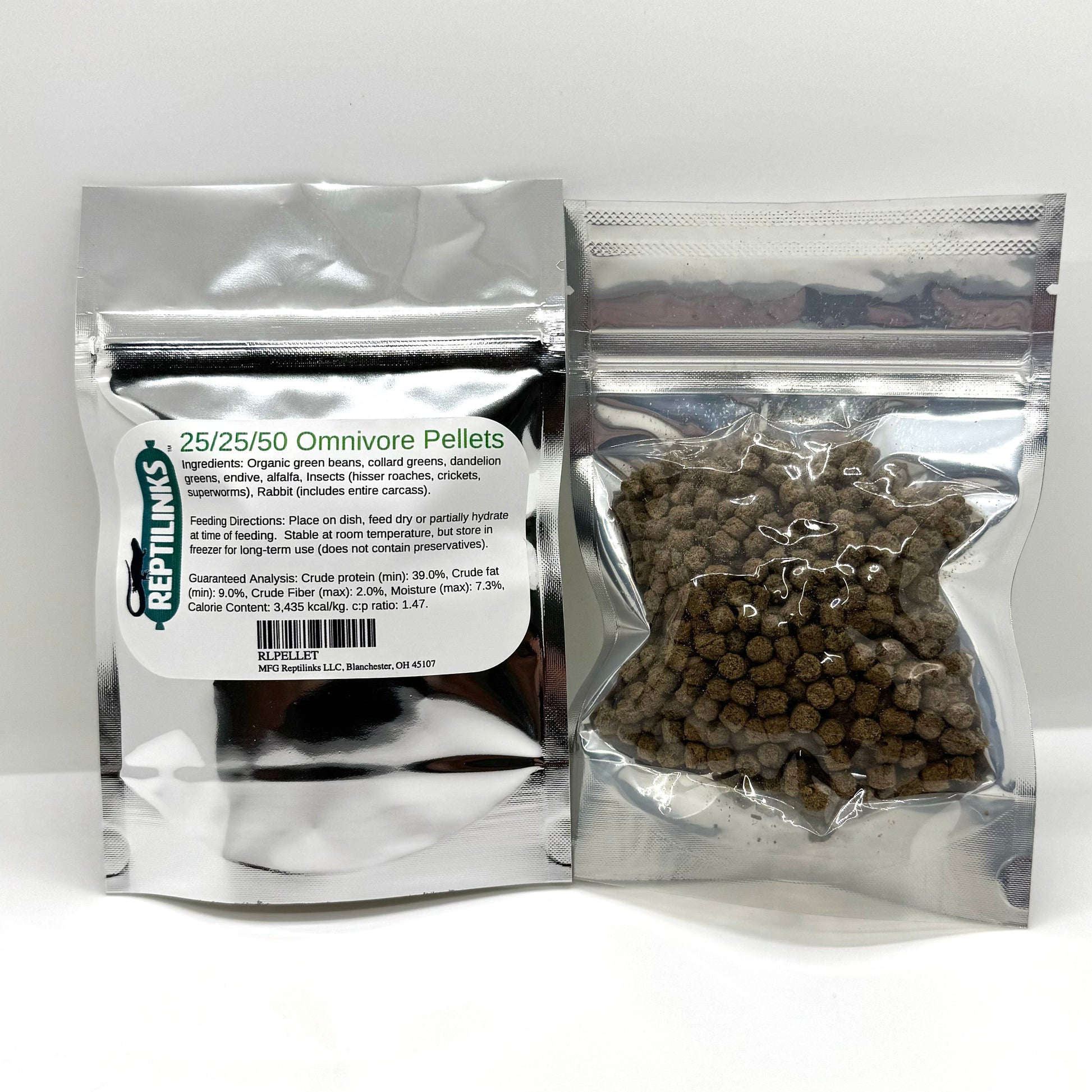 Two packages of Reptilinks omnivore pellets on a white background