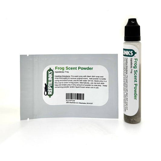 Reptile frog scent powder packaging with a black bottle on a white background