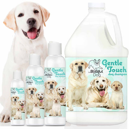 Gentle Touch dog shampoo bottles with a Labrador Retriever on a white background