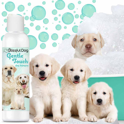 Blissful Dog Gentle Touch dog shampoo bottle with puppies in a bathtub and bubbles