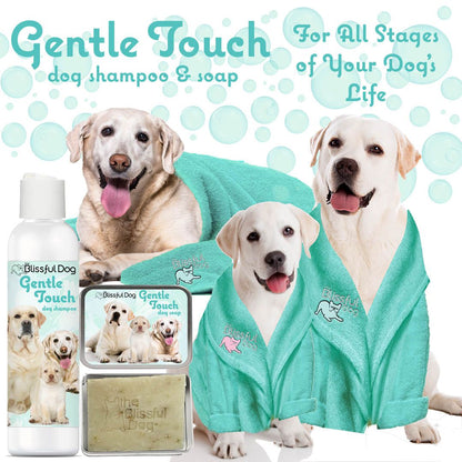Dog grooming products including shampoo, soap, and towels with dogs on a light blue background.
