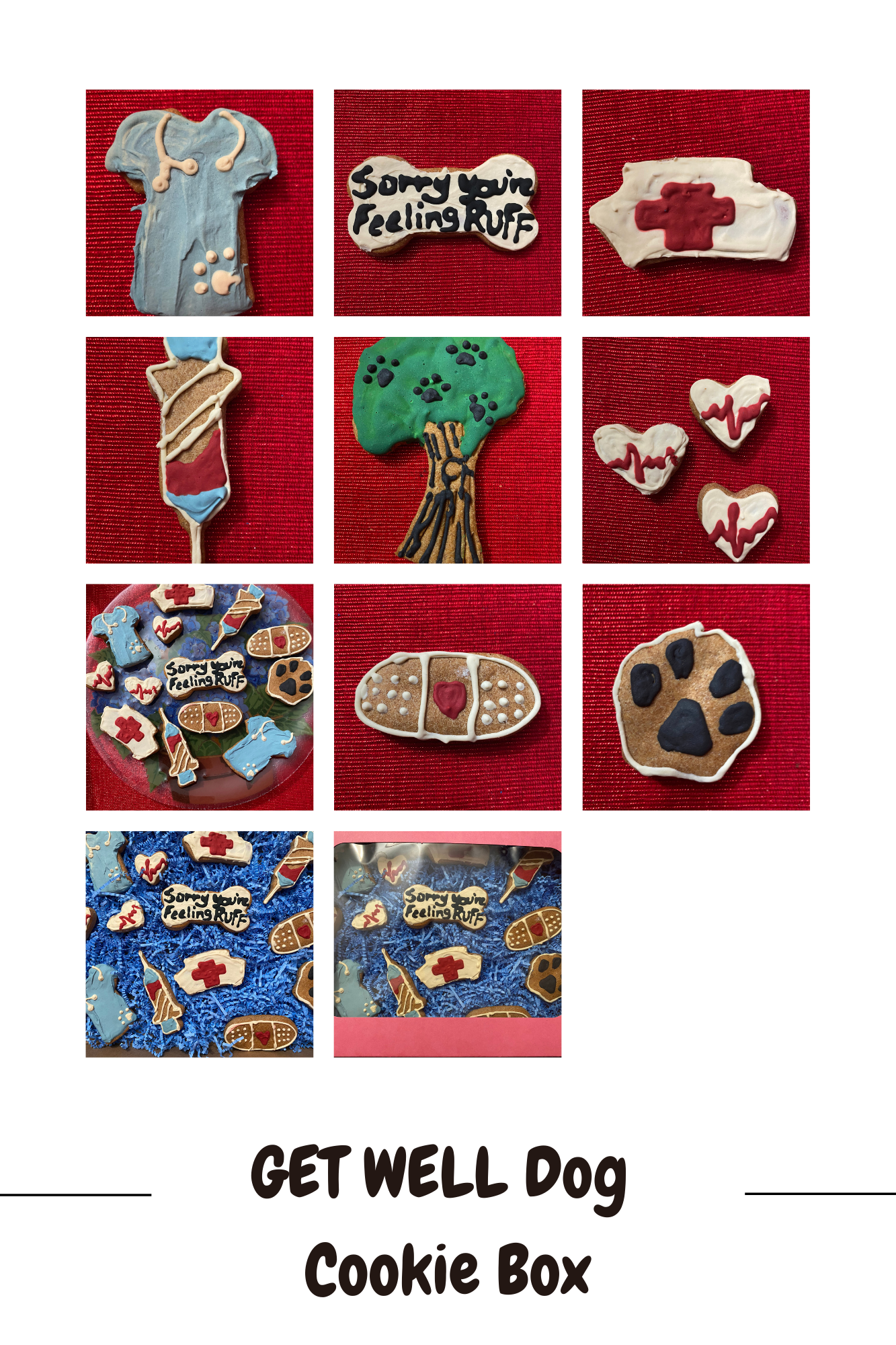 Collection of dog-themed cookies in a box with various designs on a red background.
