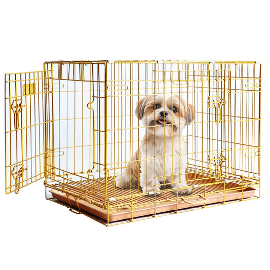 Dog inside a gold metal crate on a white background