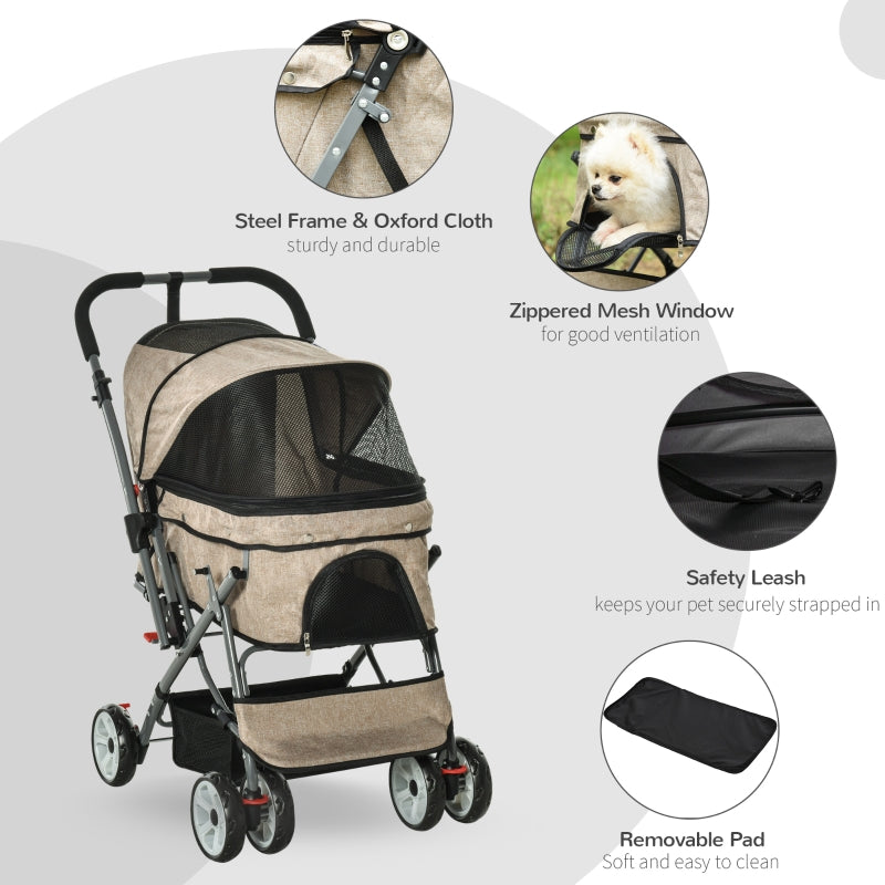 Pet stroller with features highlighted on a white background