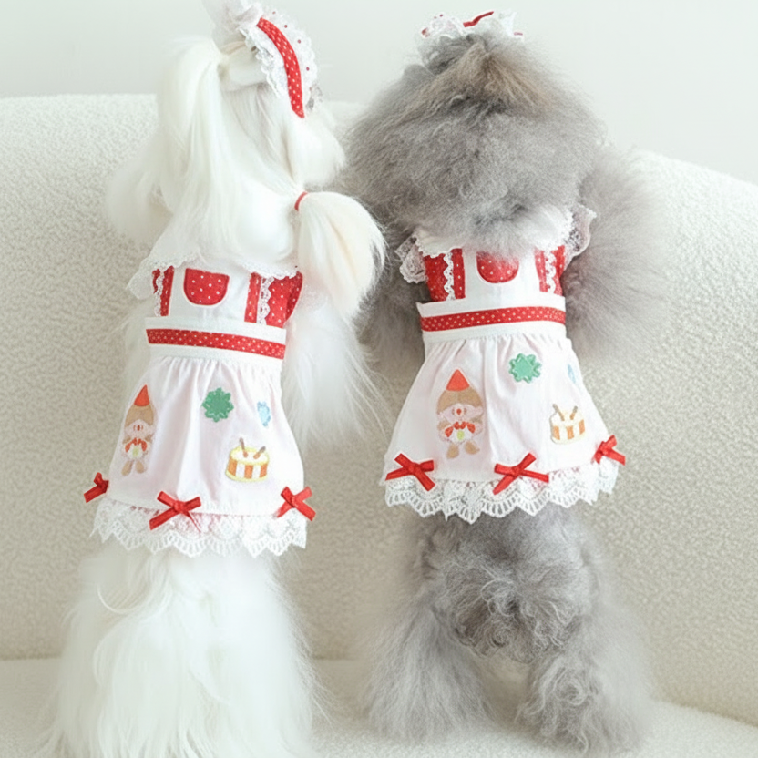 Two small dogs wearing festive dog dresses on a white couch.