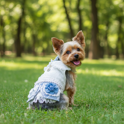 Small dog wearing a white dress with a blue flower in a park