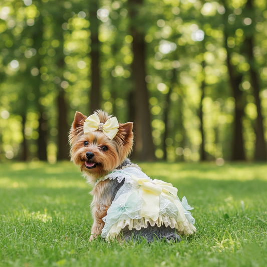 Small dog in a decorative dress sitting on grass with trees in the background