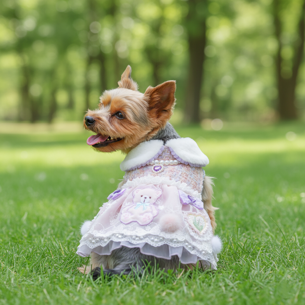 Small dog wearing a pink dress with a teddy bear design in a park setting
