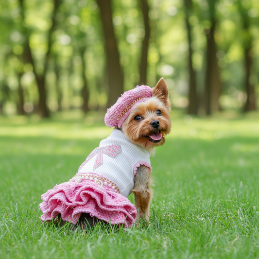 Dog wearing a pink outfit with a hat in a park