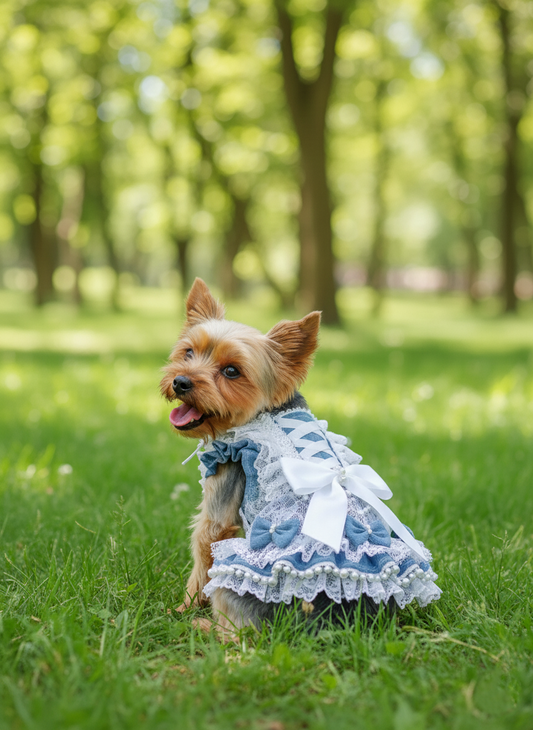 Dog wearing a blue dress sitting on grass with trees in the background