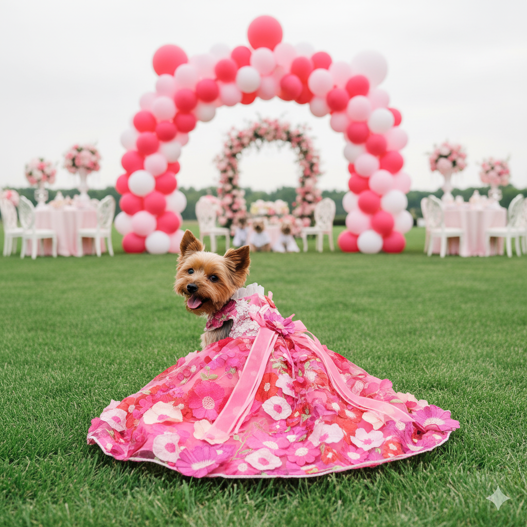 Dog in a pink floral dress standing in front of a decorative arch with balloons and floral arrangements.